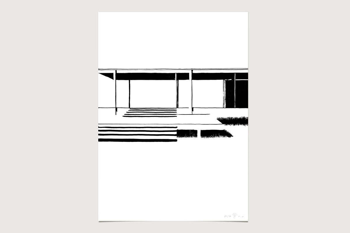 FredericForest_Grammatical_Neutral_MinimalDrawingArt_50x70cm_FarnsworthHouse1_MiesVanDerRohe
