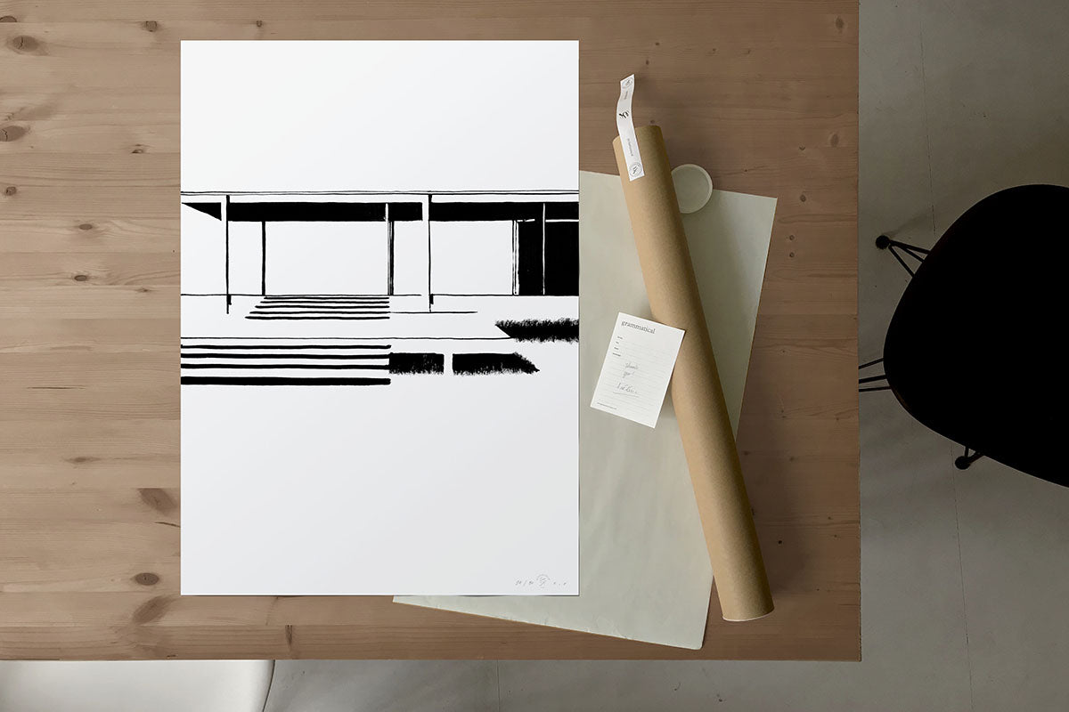 FredericForest_Grammatical_Neutral_MinimalDrawingArt_50x70cm_FarnsworthHouse1_MiesVanDerRohe_Package
