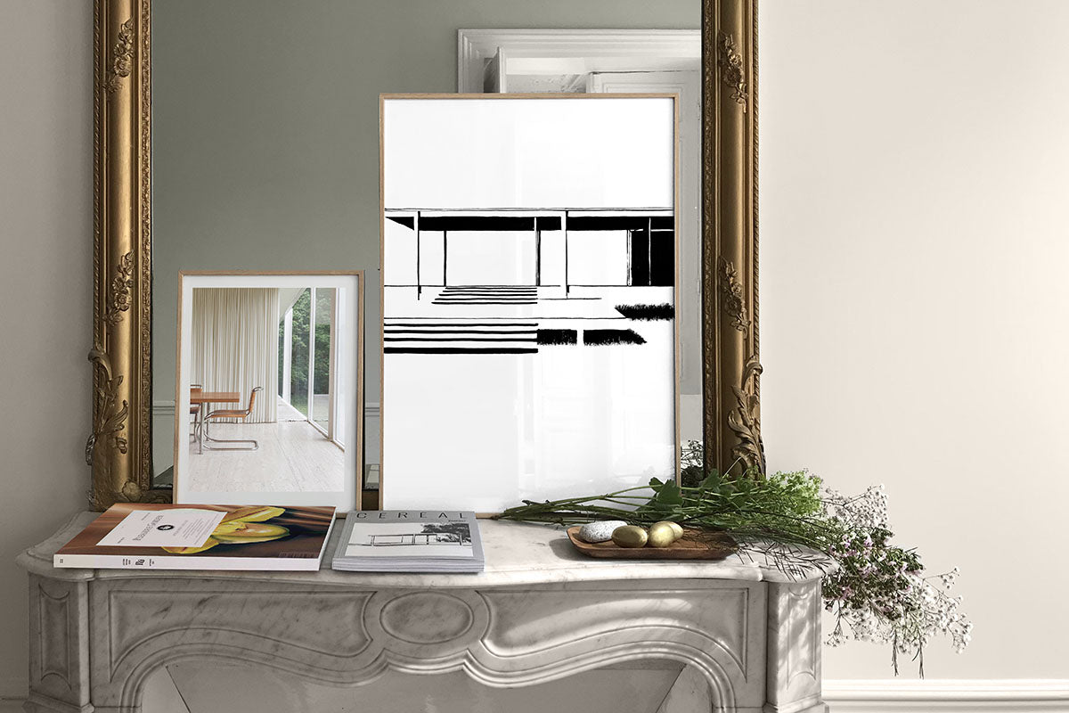 FredericForest_Grammatical_Neutral_MinimalDrawingArt_50x70cm_FarnsworthHouse1_MiesVanDerRohe_Scene3