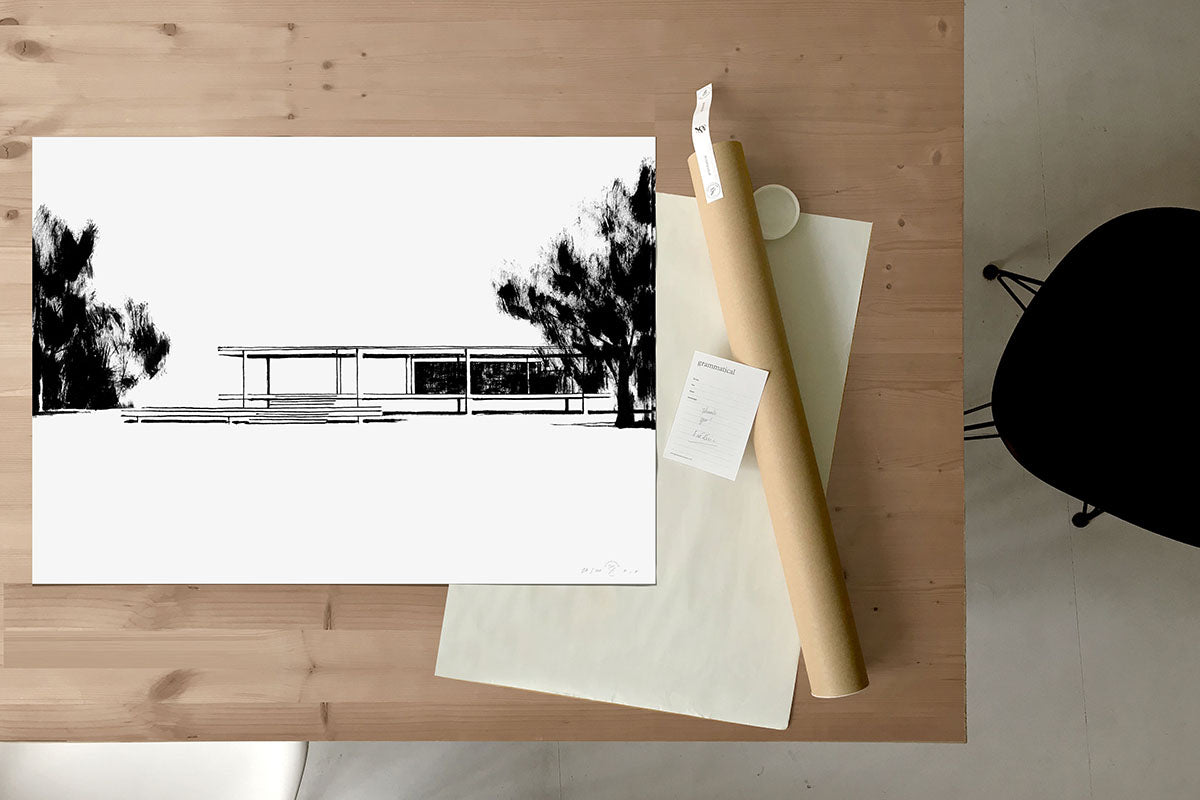 FredericForest_Grammatical_Neutral_MinimalDrawingArt_50x70cm_FarnsworthHouse2_MiesVanDerRohe_Package
