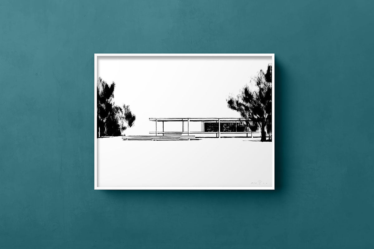FredericForest_Grammatical_Neutral_MinimalDrawingArt_50x70cm_FarnsworthHouse2_MiesVanDerRohe_Scene1