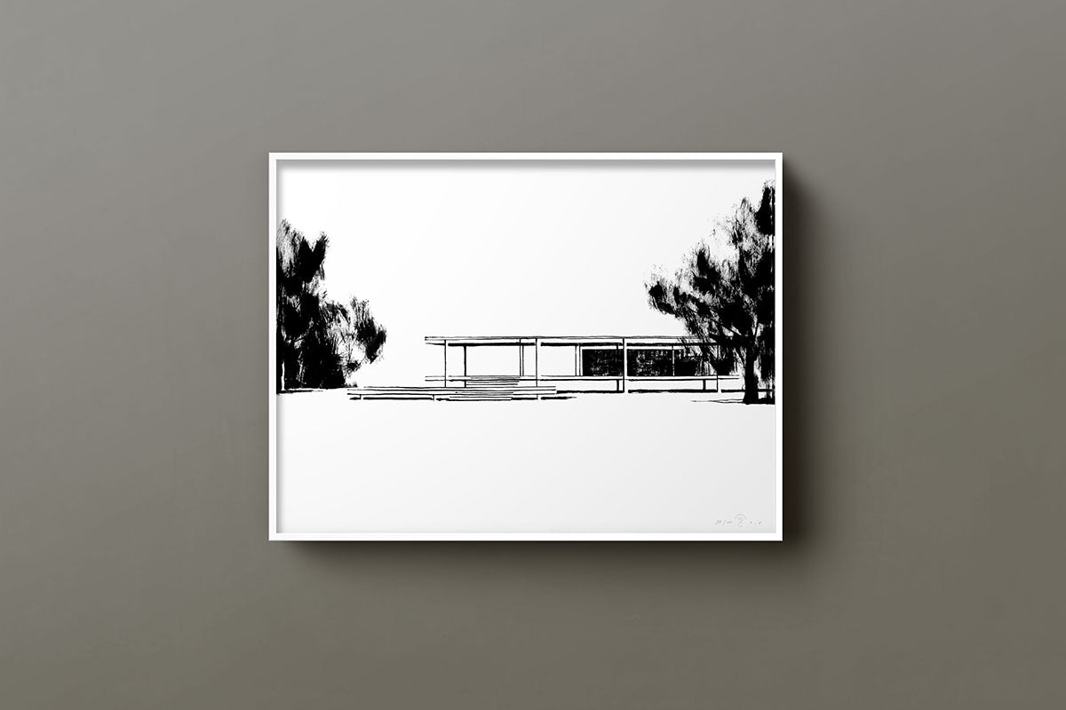 FredericForest_Grammatical_Neutral_MinimalDrawingArt_50x70cm_FarnsworthHouse2_MiesVanDerRohe_Scene3