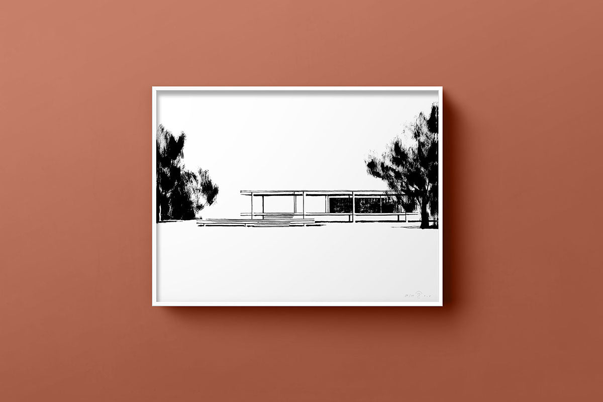 FredericForest_Grammatical_Neutral_MinimalDrawingArt_50x70cm_FarnsworthHouse2_MiesVanDerRohe_Scene4