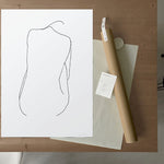 FredericForest_Grammatical_Neutral_MinimalDrawingArt_50x70cm_WomanSittingFromBack_Package