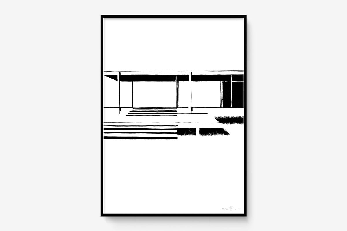 FredericForest_Grammatical_Print_MinimalDrawingArt_50x70cm_FarnsworthHouse1_Framed_Black