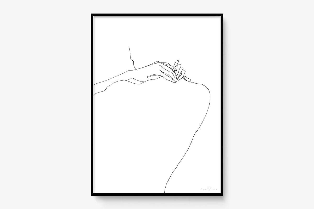 FredericForest_Grammatical_Print_MinimalDrawingArt_50x70cm_HandsOnTheNeck_Framed_Black