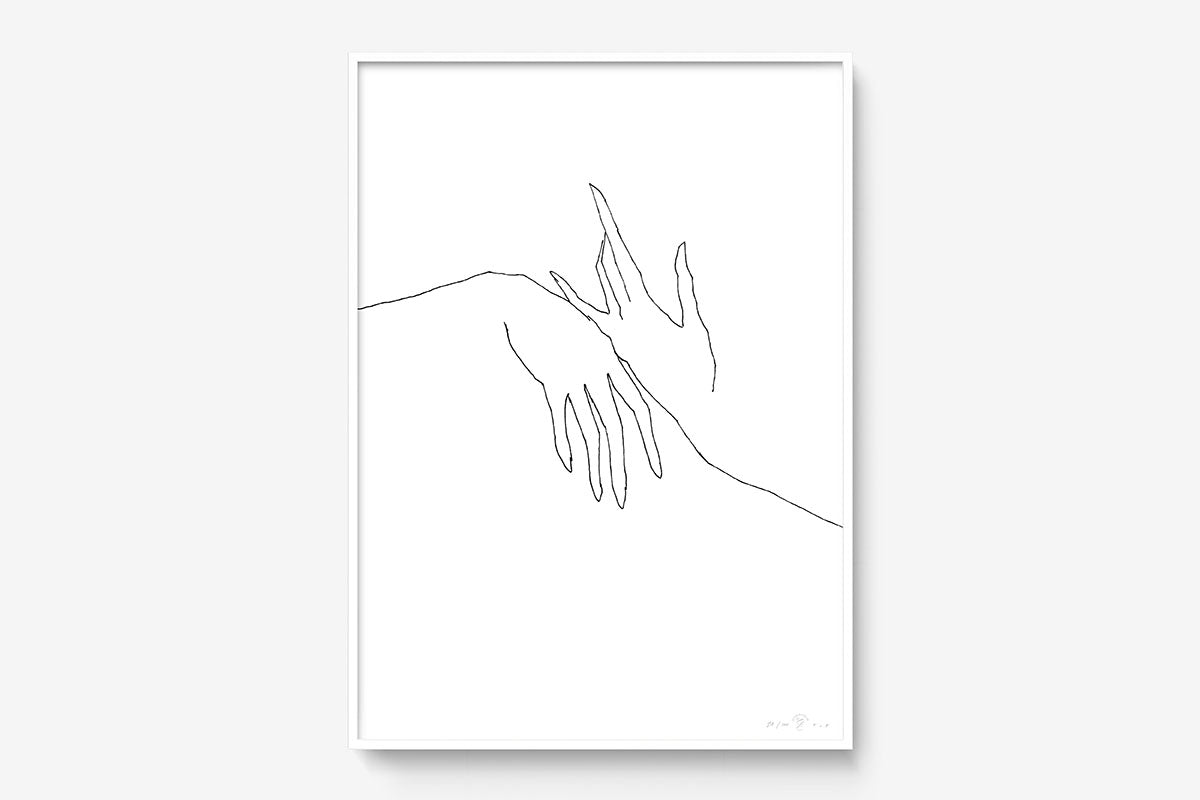 FredericForest_Grammatical_Print_MinimalDrawingArt_50x70cm_HandsTogether3_Framed_White