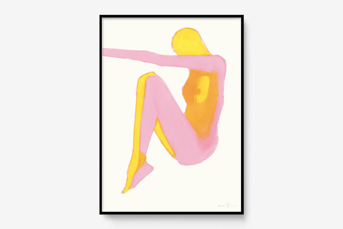 FredericForest_Grammatical_Print_MinimalDrawingArt_50x70cm_WomanEnjoyingTheSun_Framed_Black