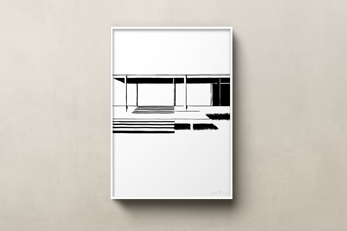 FredericForest_Grammatical_Neutral_MinimalDrawingArt_50x70cm_FarnsworthHouse1_MiesVanDerRohe_Scene1