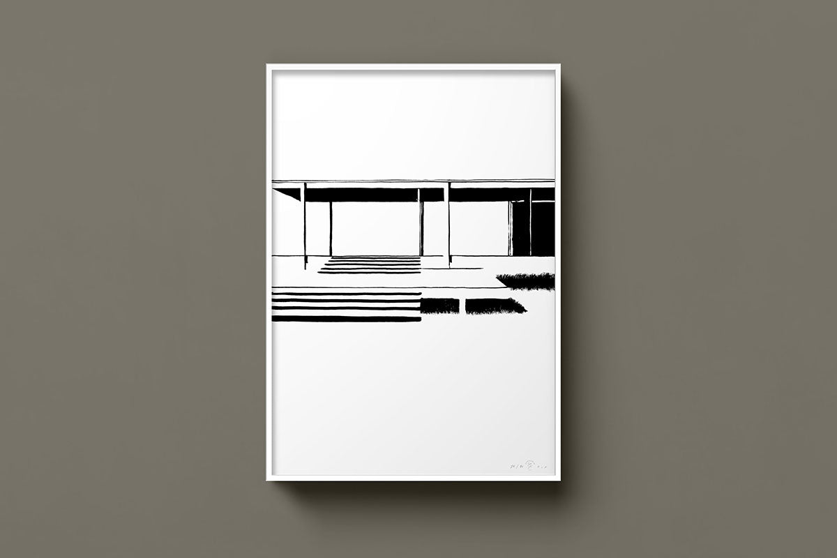 FredericForest_Grammatical_Neutral_MinimalDrawingArt_50x70cm_FarnsworthHouse1_MiesVanDerRohe_Scene2