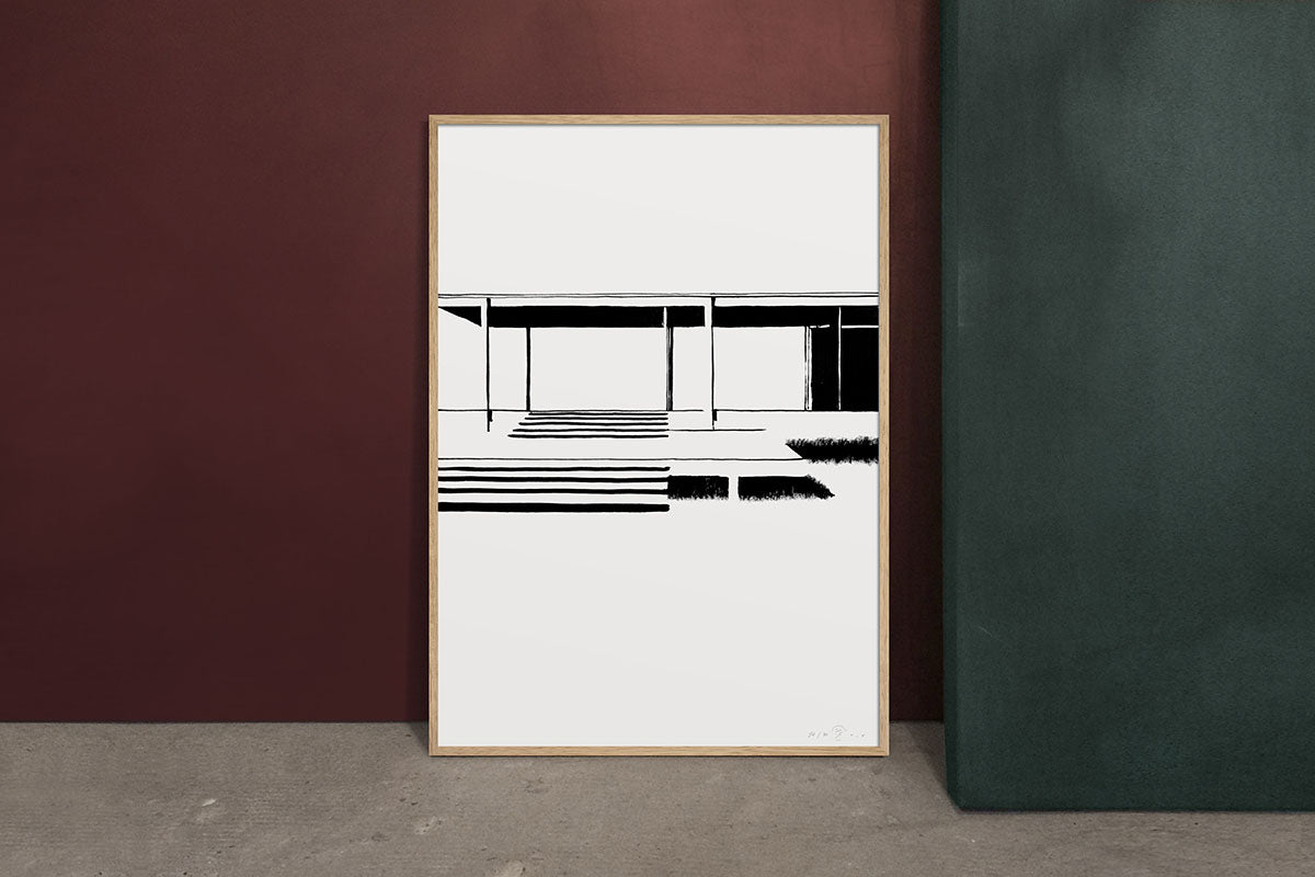 FredericForest_Grammatical_Neutral_MinimalDrawingArt_50x70cm_FarnsworthHouse1_MiesVanDerRohe_Scene4