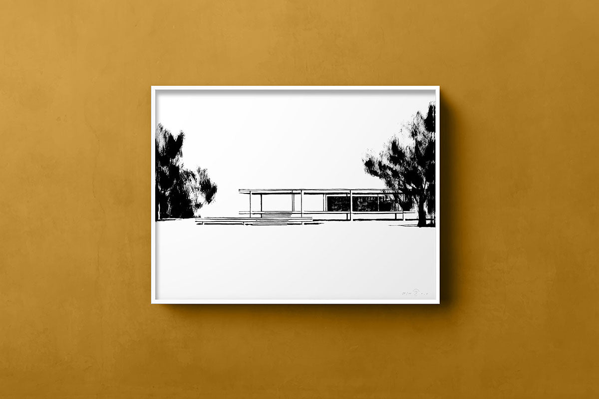 FredericForest_Grammatical_Neutral_MinimalDrawingArt_50x70cm_FarnsworthHouse2_MiesVanDerRohe_Scene2