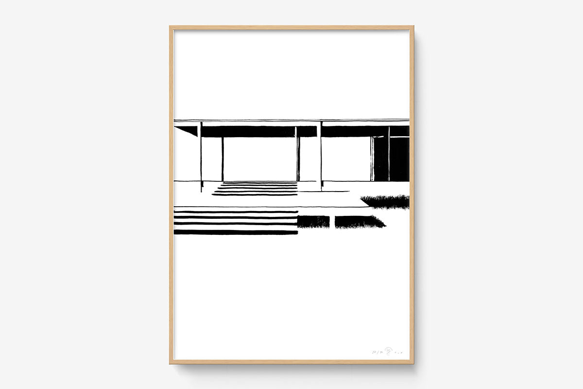 FredericForest_Grammatical_Print_MinimalDrawingArt_50x70cm_FarnsworthHouse1_Framed_Natural