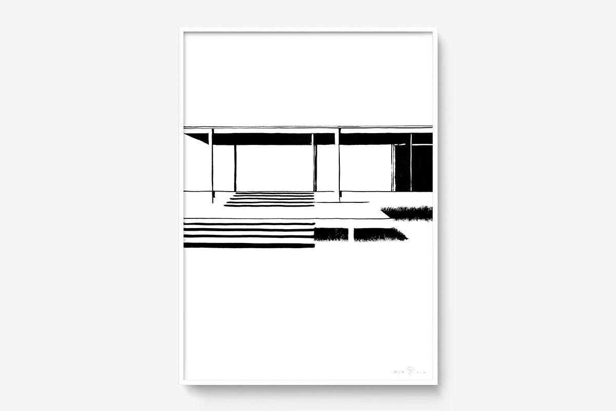 FredericForest_Grammatical_Print_MinimalDrawingArt_50x70cm_FarnsworthHouse1_Framed_White