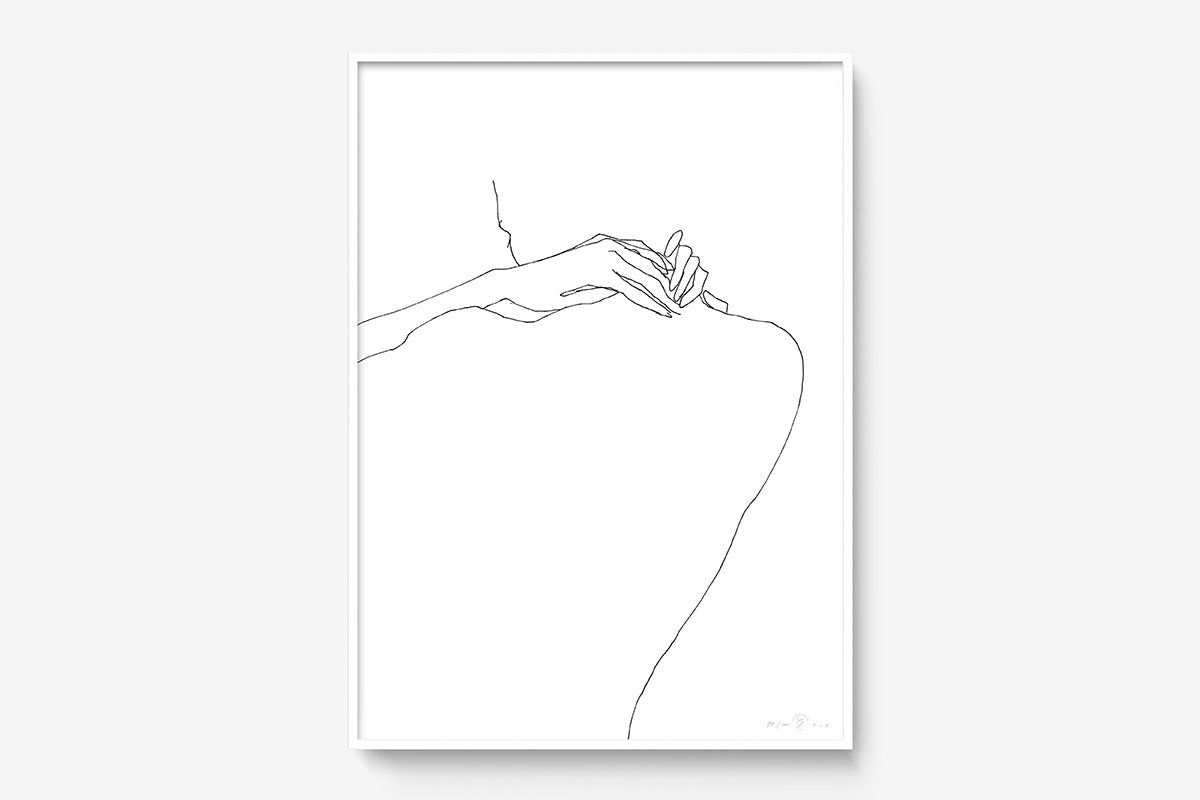 FredericForest_Grammatical_Print_MinimalDrawingArt_50x70cm_HandsOnTheNeck_Framed_White
