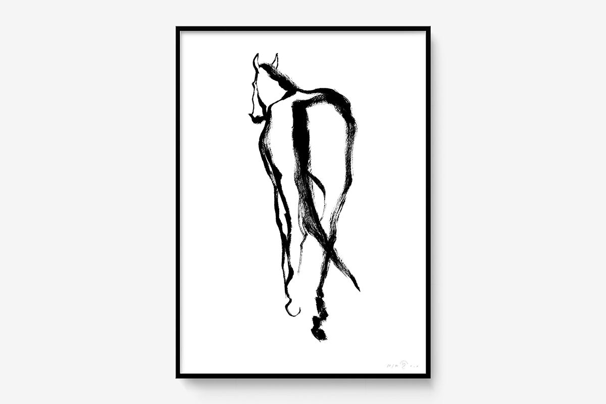 FredericForest_Grammatical_Print_MinimalDrawingArt_50x70cm_Horse2_Framed_Black