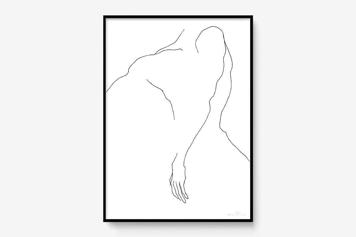 FredericForest_Grammatical_Print_MinimalDrawingArt_50x70cm_ManDancing1_Framed_Black