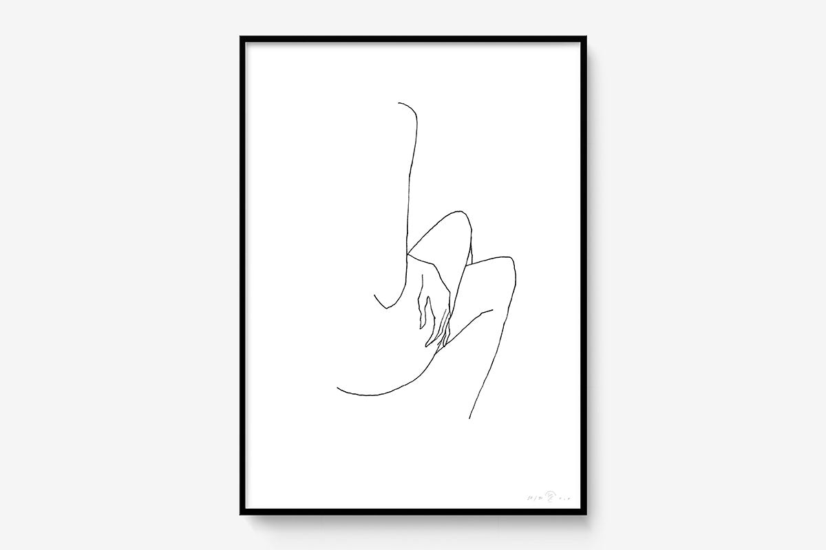 FredericForest_Grammatical_Print_MinimalDrawingArt_50x70cm_WomanCrossingHerLegs_Framed_Black