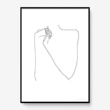 FredericForest_Grammatical_Print_MinimalDrawingArt_50x70cm_WomanPlayingWithHerHands1_Framed_Black