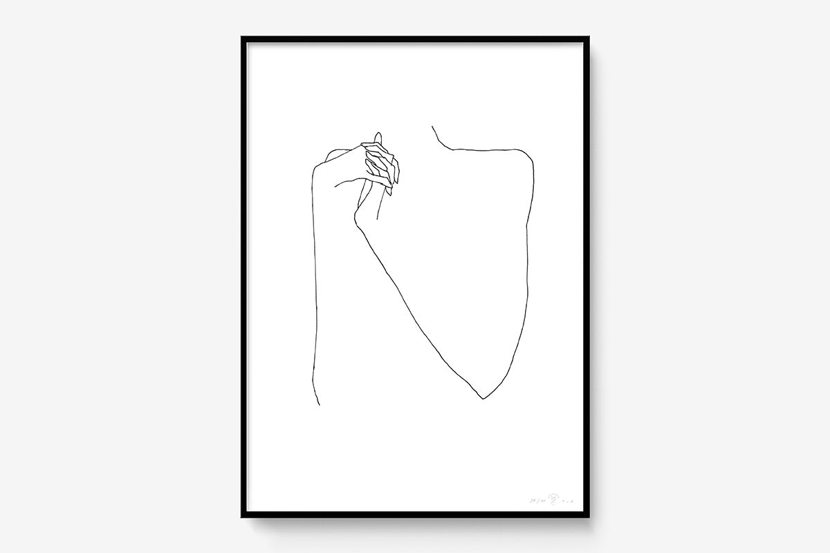 FredericForest_Grammatical_Print_MinimalDrawingArt_50x70cm_WomanPlayingWithHerHands1_Framed_Black