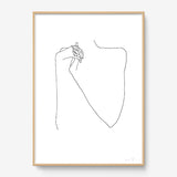 FredericForest_Grammatical_Print_MinimalDrawingArt_50x70cm_WomanPlayingWithHerHands1_Framed_Natural