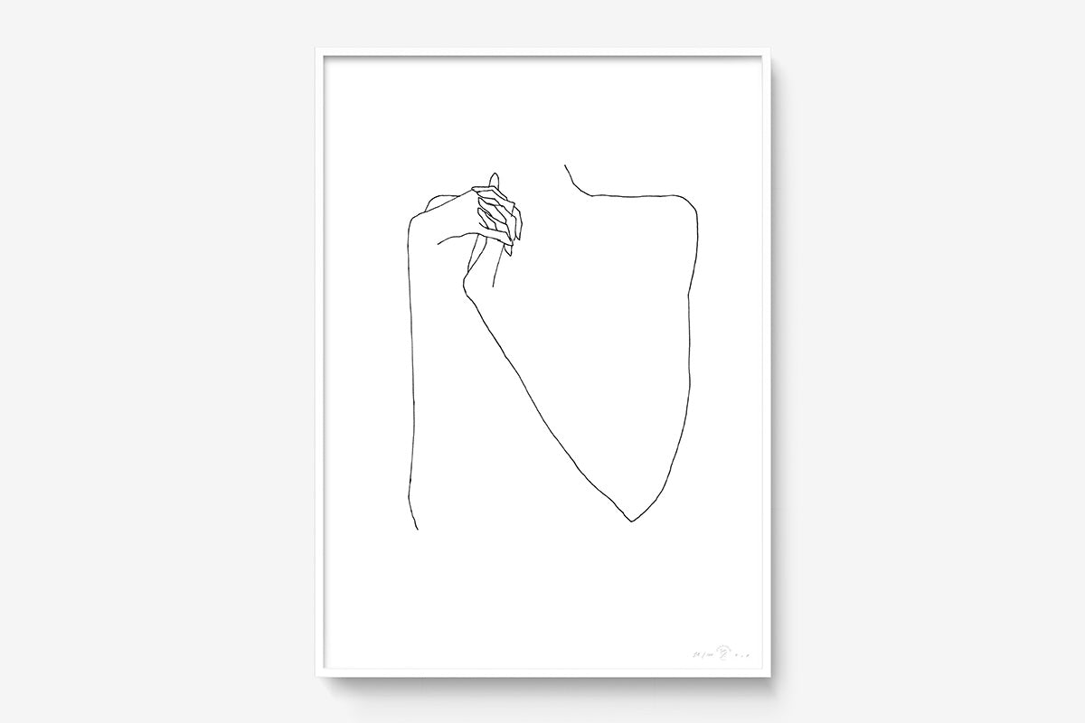 FredericForest_Grammatical_Print_MinimalDrawingArt_50x70cm_WomanPlayingWithHerHands1_Framed_White