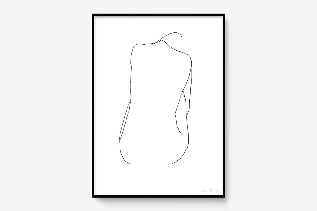 FredericForest_Grammatical_Print_MinimalDrawingArt_50x70cm_WomanSittingFromBack_Framed_Black