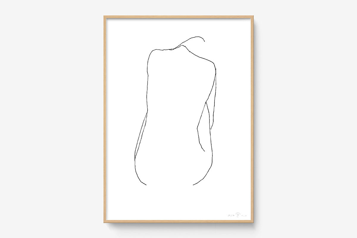 FredericForest_Grammatical_Print_MinimalDrawingArt_50x70cm_WomanSittingFromBack_Framed_Natural