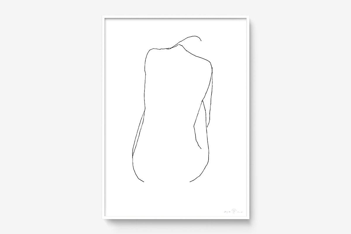 FredericForest_Grammatical_Print_MinimalDrawingArt_50x70cm_WomanSittingFromBack_Framed_White