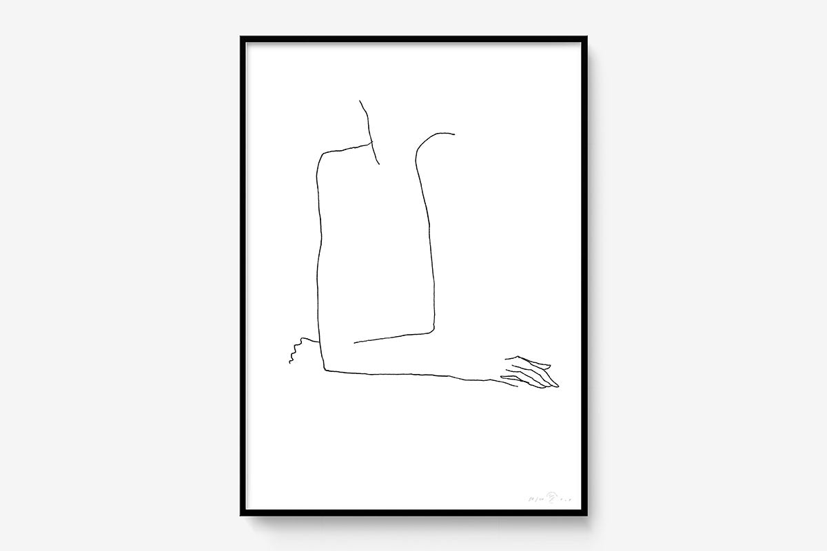 FredericForest_Grammatical_Print_MinimalDrawingArt_50x70cm_WomanThinking3_Framed_Black