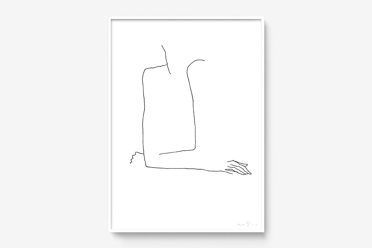 FredericForest_Grammatical_Print_MinimalDrawingArt_50x70cm_WomanThinking3_Framed_White