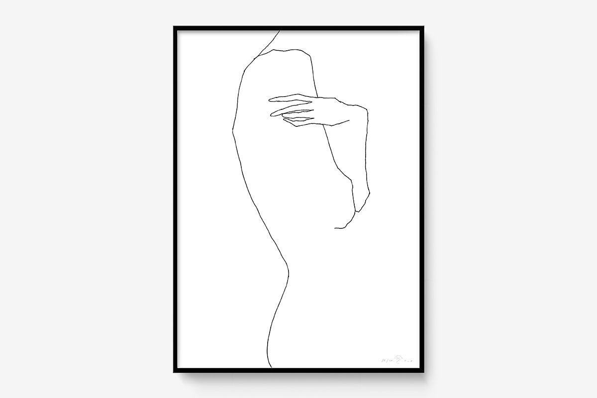 FredericForest_Grammatical_Print_MinimalDrawingArt_50x70cm_WomanThinking4_Framed_Black