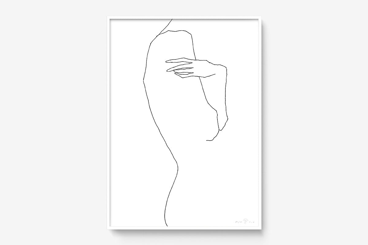 FredericForest_Grammatical_Print_MinimalDrawingArt_50x70cm_WomanThinking4_Framed_White